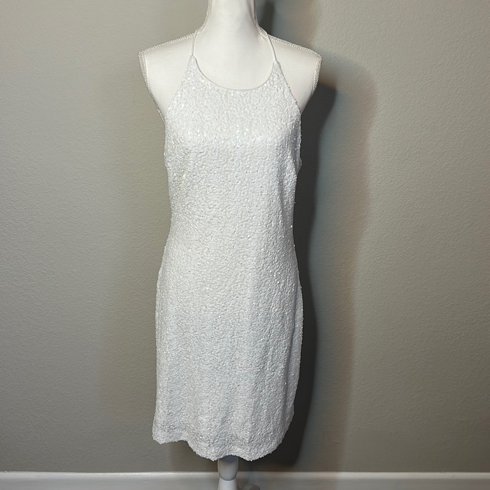 Bagley Mischka White Sequin Halter neck dress size 12 bachelorette party bridal